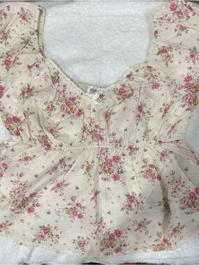 Floral Peplum Babydoll Top in Cream and Pink